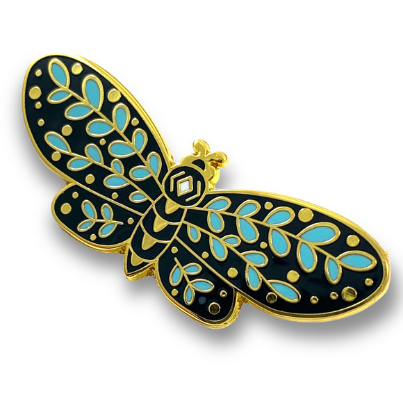 Large gold enamel moth blue eucalyptus pin - Picture 1 of 7